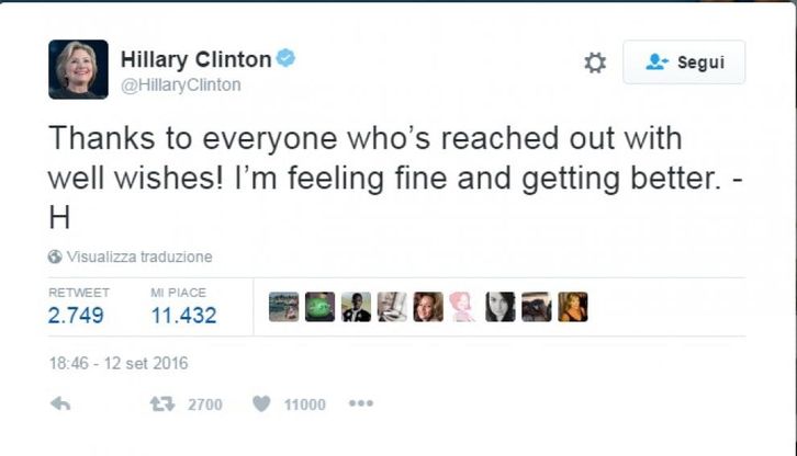 Hillary Clinton su Twitter: "Mi sento bene e sto migliorando" 
