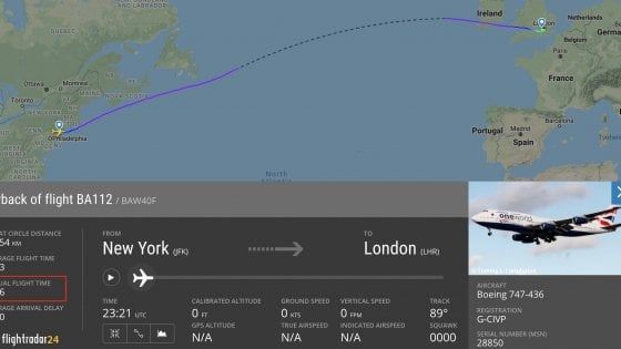 Record nei cieli dell'Atlantico. British Airways vola da New York a Londra in 4 ore e 56 minuti per i forti venti