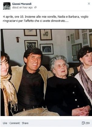 &Egrave; morta la mamma di Morandi<br />e Gianni ringrazia tutti su Fb