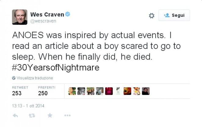 Addio a Wes Craven, così raccontò il dietro le quinte di Nightmare su Twitter