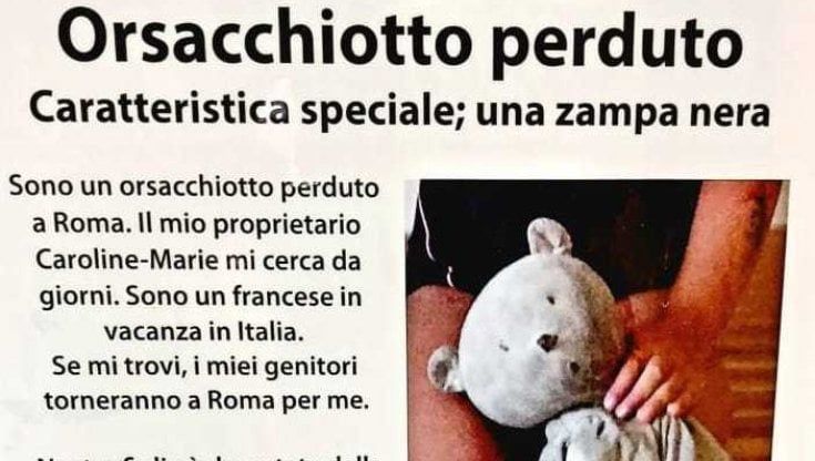 Perde l'orsacchiotto del cuore in vacanza a Roma, la famiglia di Caroline-Marie offre 500 euro per ritrovarlo