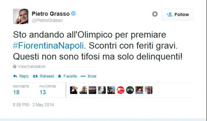 Fiorentina Napoli, le reazioni su Twitter. Grasso: "Delinquenti, non tifosi"