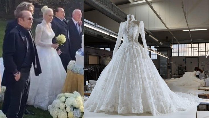 Marta Fascina, l'abito del matrimonio simbolico con Berlusconi: pizzo francese, velo sul viso e quattro metri di strascico