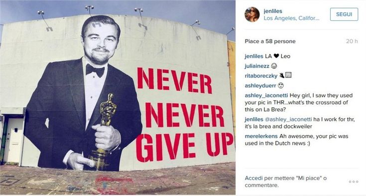 "Never give up": l'Oscar di DiCaprio si fa street art ad Hollywood