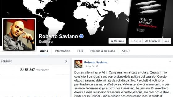 Saviano, primarie in Campania: "Dico no, basta clientele"