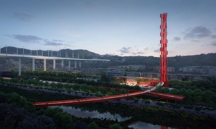 Il parco sotto il nuovo ponte di Genova di Boeri. Un cerchio e una torre per l'energia eolica
