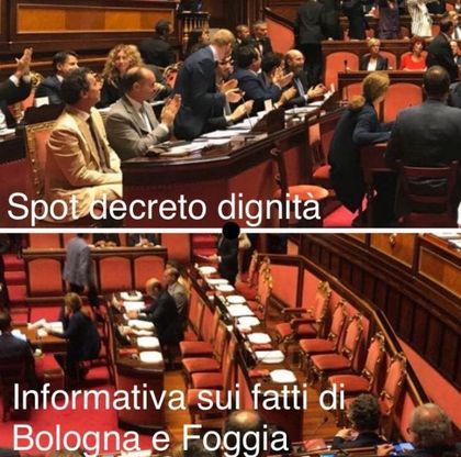 Senato, Pd: "Banchi del governo pieni per lo spot Dignità, vuoti sui fatti di Bologna e Foggia"