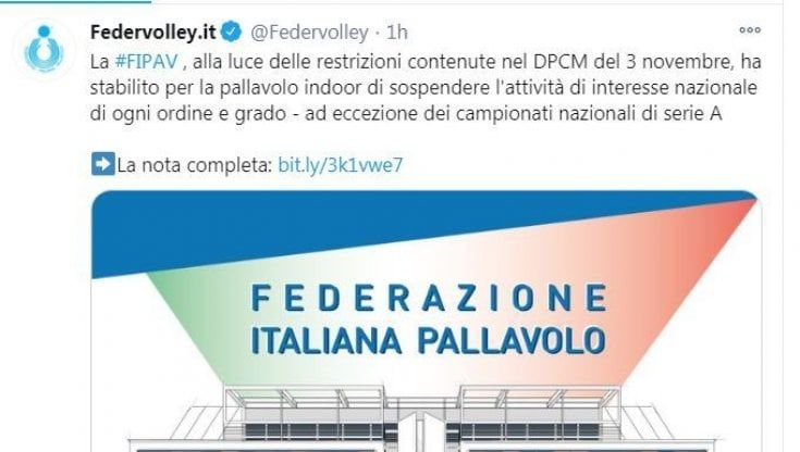 Volley, la Federazione ferma le attività indorr, salva solo la serie A