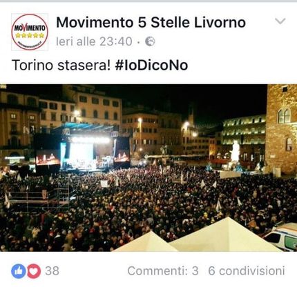 I 5 Stelle di Livorno su Facebook: "Torino stasera", ma la foto è di piazza della Signoria