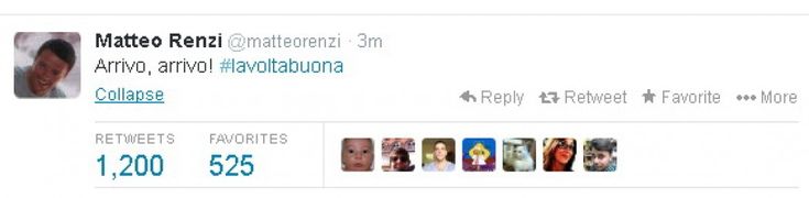 Twitter, Renzi dal Quirinale: ''Arrivo, arrivo!''