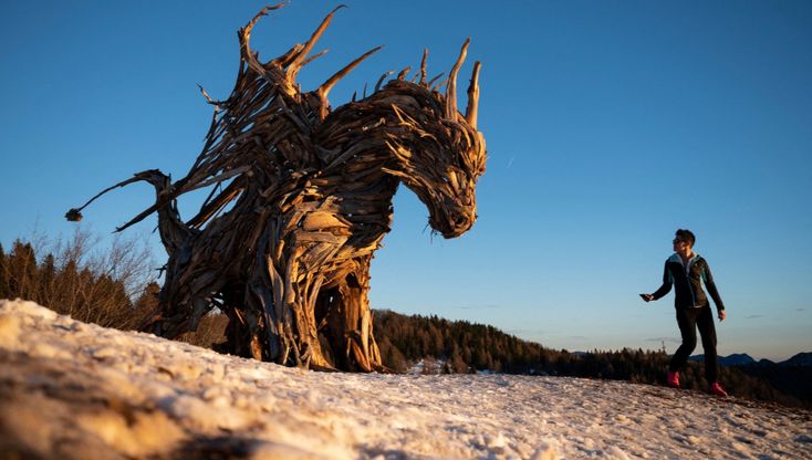 Dagli alberi spazzati via da Vaia nasce un "drago" gigante. Lavarone e lo scultore ambientalista ricordano la tempesta del 2018