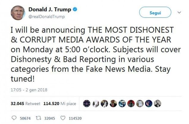 Usa, Trump annuncia premio per "i media corrotti e disonesti"