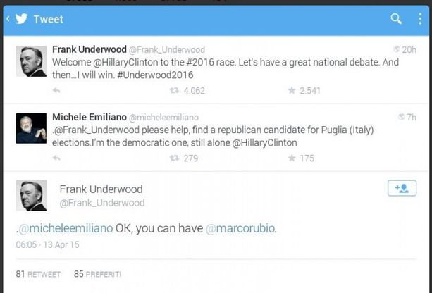 Twitter, botta e risposta tra Michele Emiliano e Frank Underwood: 'Aiutami a trovare un avversario'