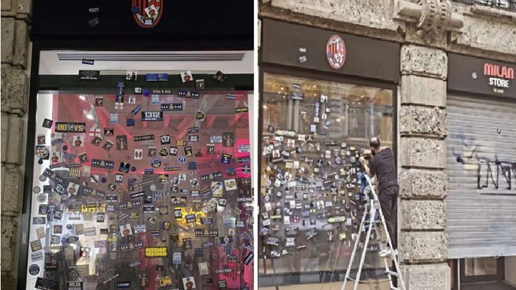 Scudetto Inter, i tifosi nerazzurri ricoprono di adesivi le vetrine del Milan Store