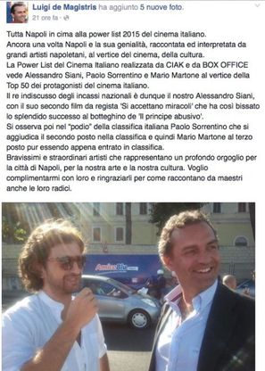 De Magistris saluta i registi napoletani