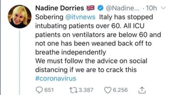 Regno Unito: sottosegretaria alla Salute: "In Italia non curano più gli over 60 con coronavirus". Poi cancella i tweet