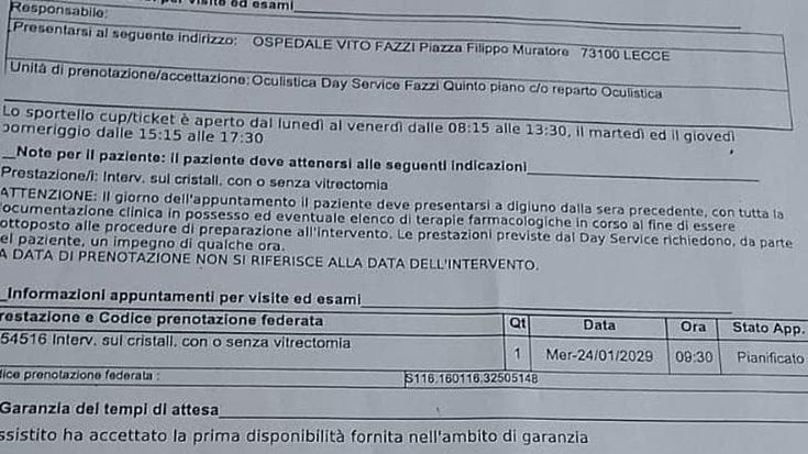 “La cataratta? Nel 2028”: a Lecce paziente anziana rinuncia al pubblico e paga 2.200 euro in clinica