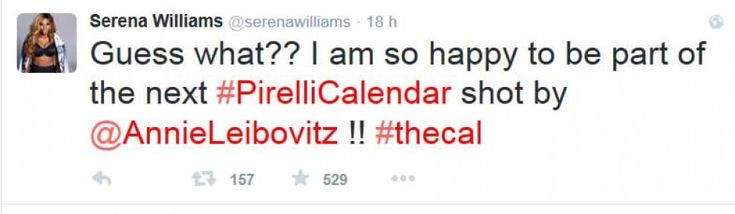 Serena Williams su Twitter: ''Sarò nel calendario Pirelli''