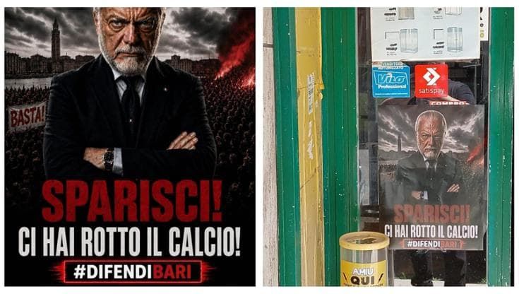 “Sparisci! Ci hai rotto il calcio”. Bari tappezzata di manifesti con il messaggio per De Laurentiis