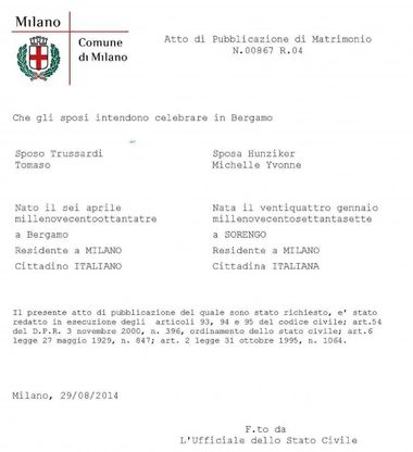 Hunziker e Trussardi sposi, ecco le pubblicazioni