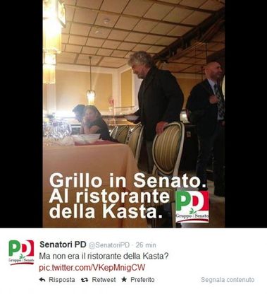 Grillo al ristorante del Senato, il Pd lo prende in giro