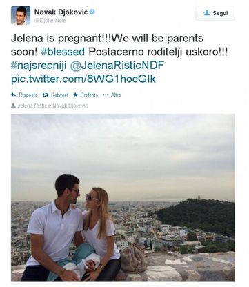 Tennis, Djokovic presto pap&agrave;: la fidanzata Jelena aspetta un bambino