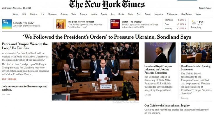 Impeachment, le aperture dei giornali statunitensi sulle audizioni di Sondland