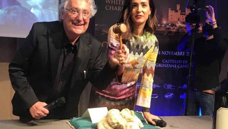Asta mondiale del tartufo bianco d'Alba: a Iacchetti cade il primo lotto e si rompe, venduto a 5100 euro. Gran finale con il maxi tuber da 830 grammi: aggiudicato a 103.000 euro a Hong Kong