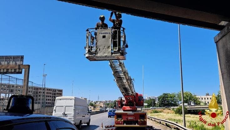 Calcinacci giù dal ponte sulla statale 100 allo svincolo per la tangenziale: traffico in tilt