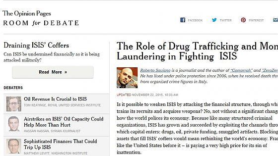 Saviano sul New York Times: "Cambiare l'economia per colpire Is e trafficanti di droga"