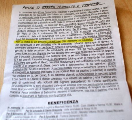 Novara, ''Convivere &egrave; peggio che uccidere'': frasi shock del parroco