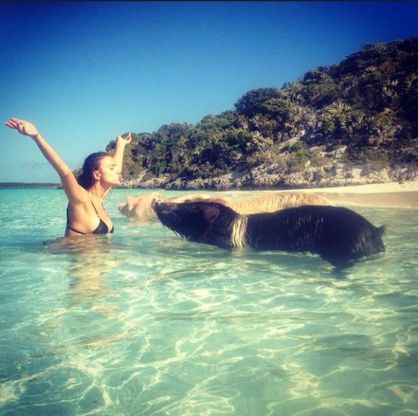 Irina Shayk alle Bahamas: il bagno con i maiali<br />&nbsp;