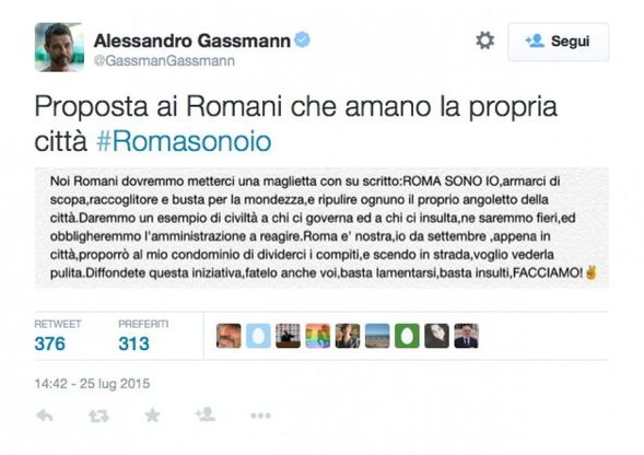 Degrado Capitale, Gassman su twitter lancia l'hashtag #Romasonoio