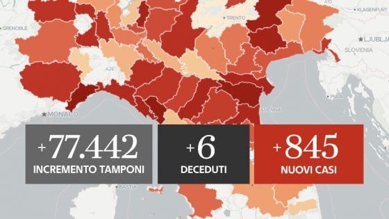 Coronavirus, il bollettino di oggi 20 agosto: 845 nuovi positivi e 6 morti