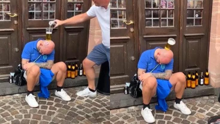 Euro 2024, il tifoso inglese ubriaco è la vittima perfetta della beer challenge