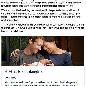 Zuckerberg diventa padre e annuncia donazione del 99% delle sue azioni di Facebook