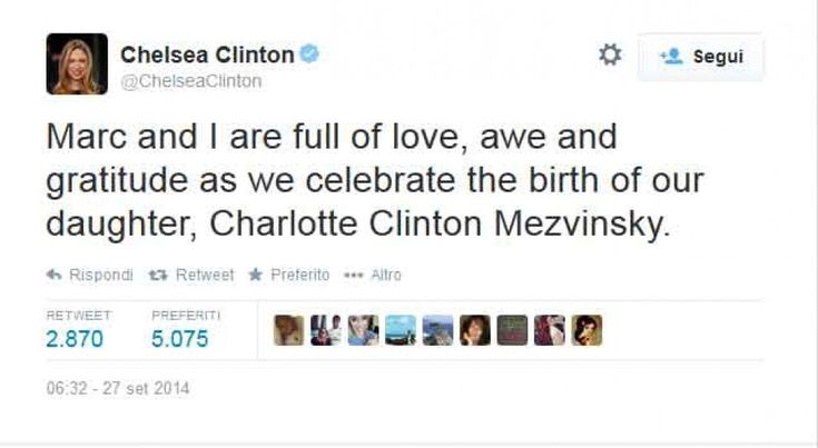 E' nata Charlotte, la figlia di Chelsea Clinton: il tweet