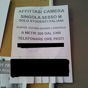 Pisa, annuncio sulla bacheca dell'Università: "Affitto una stanza, ma solo a italiani"