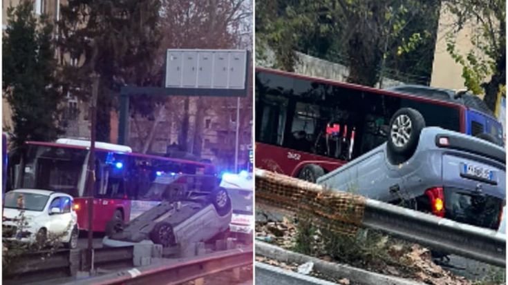 Maxi incidente sulla Portuense, auto si ribalta e finisce contro un bus: due feriti