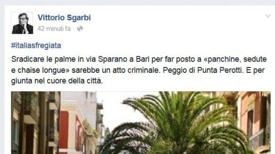 Bari, il post di Sgarbi contro via Sparano senza palme: "Peggio di Punta Perotti"