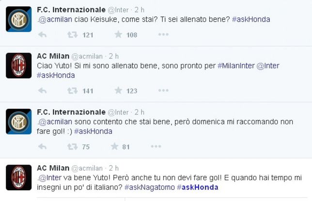 Milan-Inter, su Twitter il derby giapponese tra Honda e Nagatomo