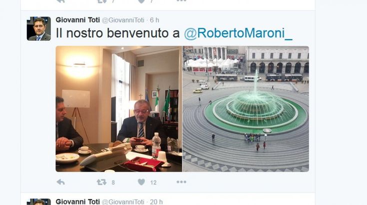 Toti, la fontana verde e il benvenuto a Maroni: ma il colore è per l'Unitalsi