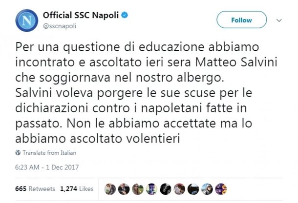  Salvini, selfie con giocatori ma il Napoli non dimentica accuse del passato