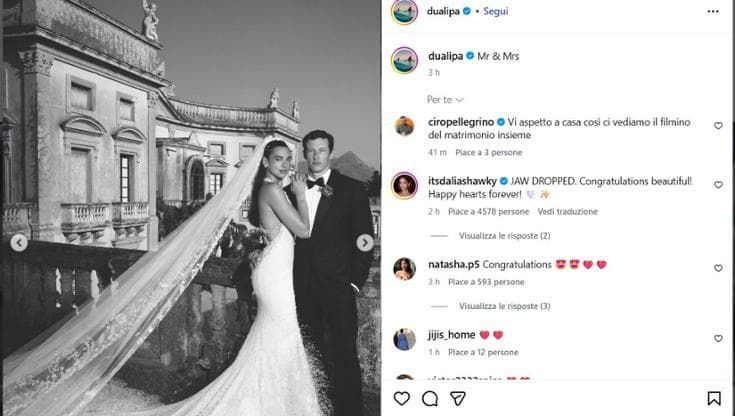 Dua Lipa pubblica le prime foto ufficiali delle nozze siciliane con Callum Turner