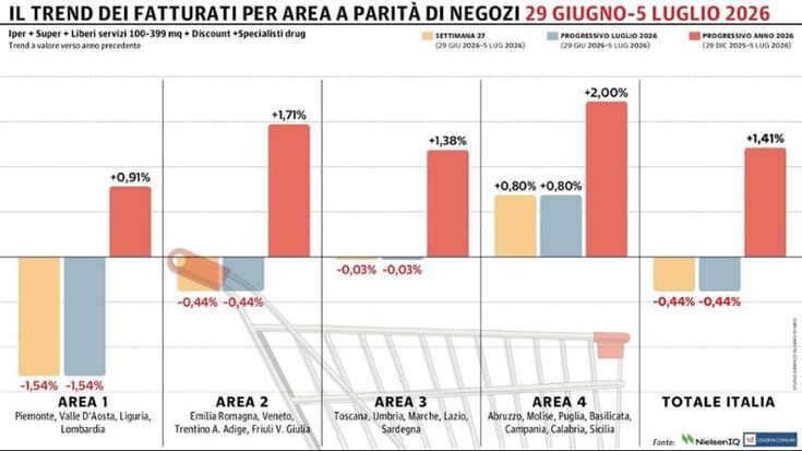 Gdo nazionale in frenata a inizio luglio: calo dello 0,44%. Cresce solo il Sud