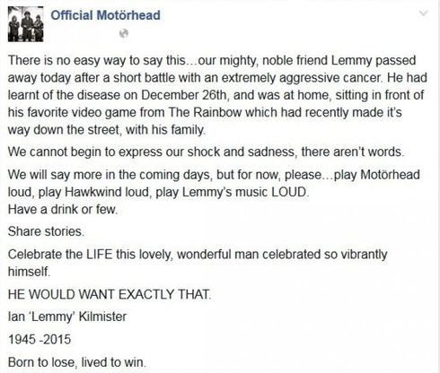 Addio Lemmy Kilmister, leader dei Motorhead: l'annuncio della band su Fb