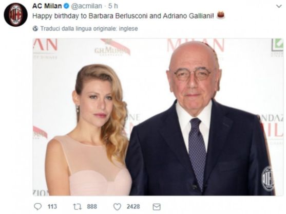 Doppio compleanno per Barbara Berlusconi e Adriano Galliani: il Milan li festeggia sul suo profilo Twitter