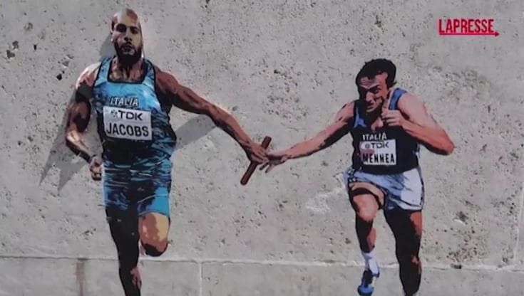 Olimpiadi: Mennea e Jacobs si passano il testimone nel murale a Roma, al Foro Italico