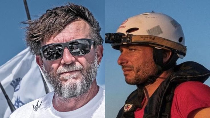 I navigatori oceanici Giovanni Soldini e Ambrogio Beccaria alla Barcolana con le bandiere di Emergency per raccogliere fondi