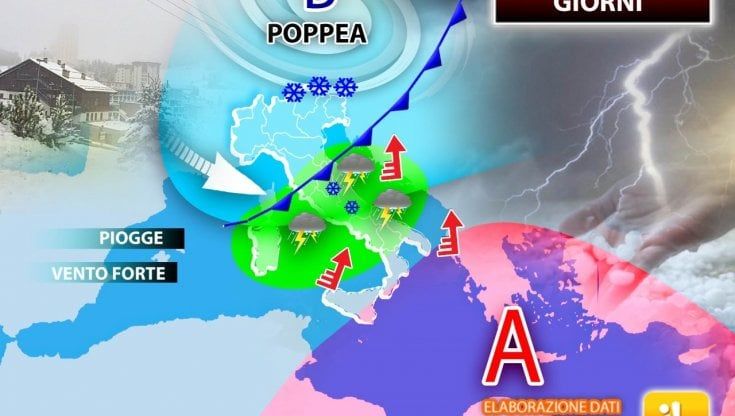 Previsioni meteo, nuovo forte impulso del ciclone Poppea: pioggia, vento e neve su molte regioni